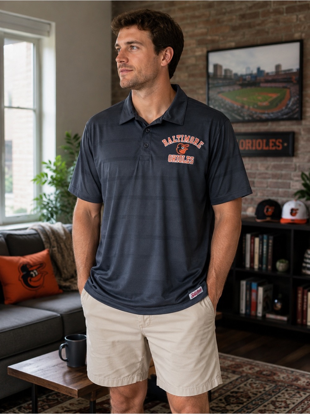 Baltimore Orioles Stitches Polo Short Sleeve Mens Large Grey Black Orange Stripe